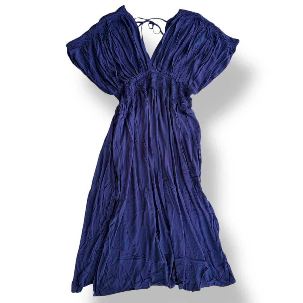 Curvesoul Plus 1XL Navy Blue V-Neck Batwing Sleeve Pocket Ruched Maxi Dress Boho